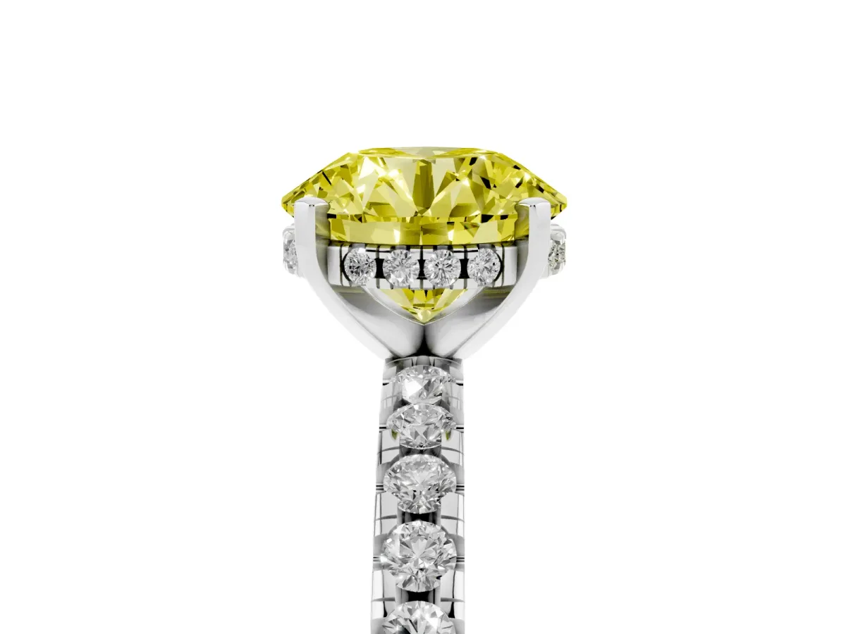 Fancy Yellow Round Cut Diamond Solitaire Ring with Round Pavé Band and Four-Prong Setting Silver
