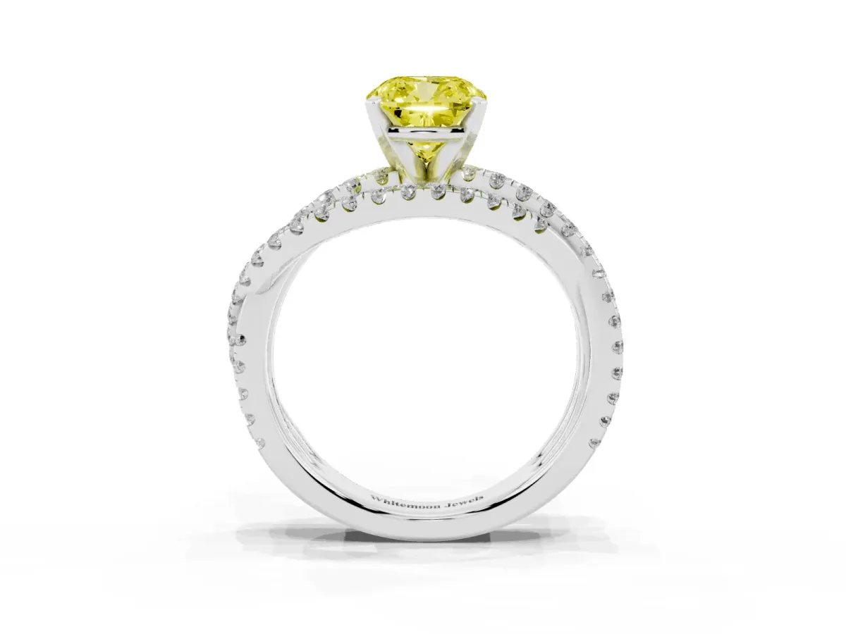 Fancy Yellow Cushion Cut Solitaire Twist Band with Pavé Setting and Four-Prong Setting Silver