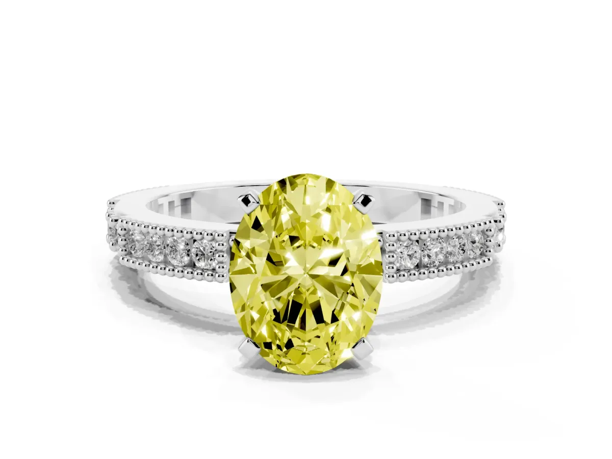 Fancy Yellow Oval Cut Solitaire with Pavé Band and Four-Prong Setting Silver