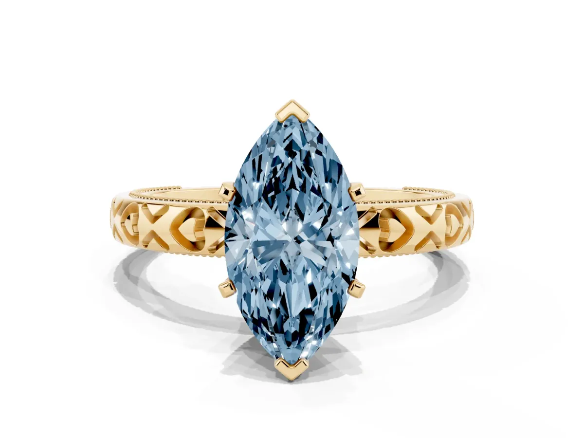 Fancy Blue Marquise Cut Solitaire Diamond Engagement Ring with XO Engraved Band and Four-Prong Setting Yellow gold