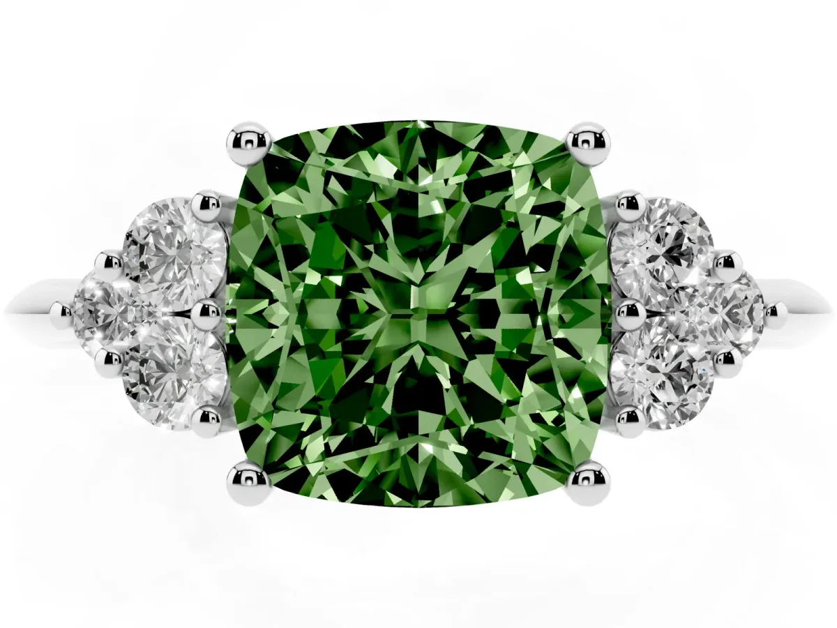 Fancy Green Cushion Cut Cut Diamond Cluster Ring with Solitaire Band and Four-Prong Setting Silver
