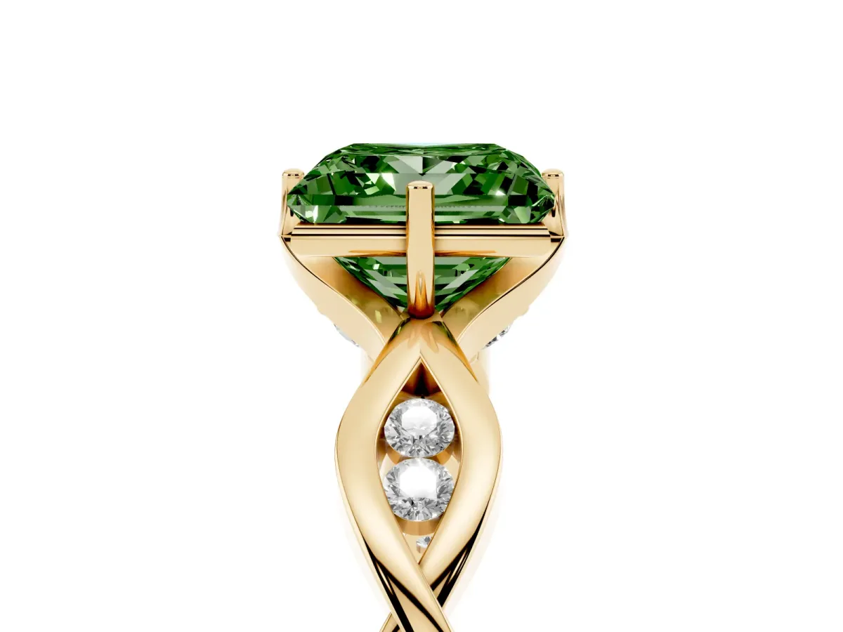 Fancy Green Princess Cut Solitaire Twist Band with Leaf Prong Setting Yellow gold