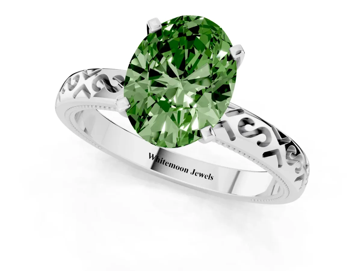 Fancy Green Oval Cut Solitaire Engagement Ring with Scrollwork Band and Four-Prong Setting White gold