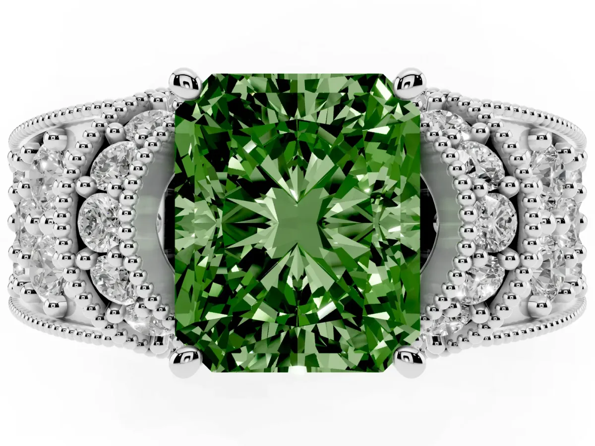 Fancy Green Radiant Cut Halo Pave Diamond Engagement Ring with Milgrain Detailing White gold