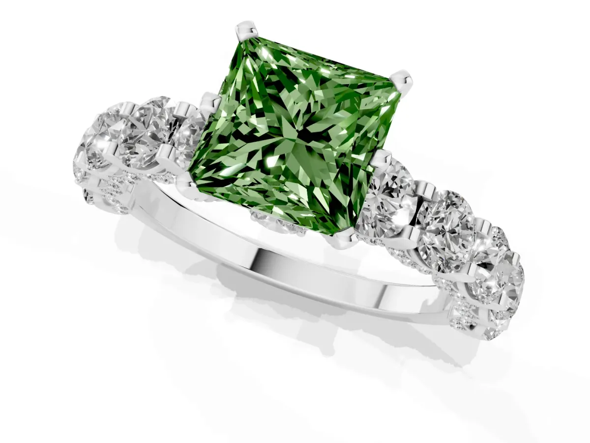 Fancy Green Princess Cut Diamond Side Stone Engagement Ring with Four-Prong Setting Silver