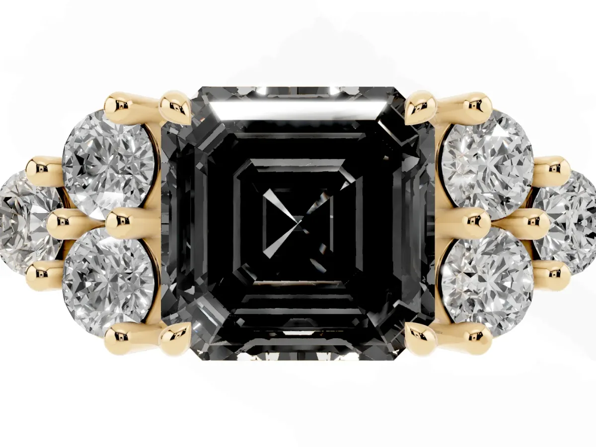 Fancy Black Asscher Cut Brilliant Diamond Cluster Accent Solitaire Ring with Prong Setting Yellow gold