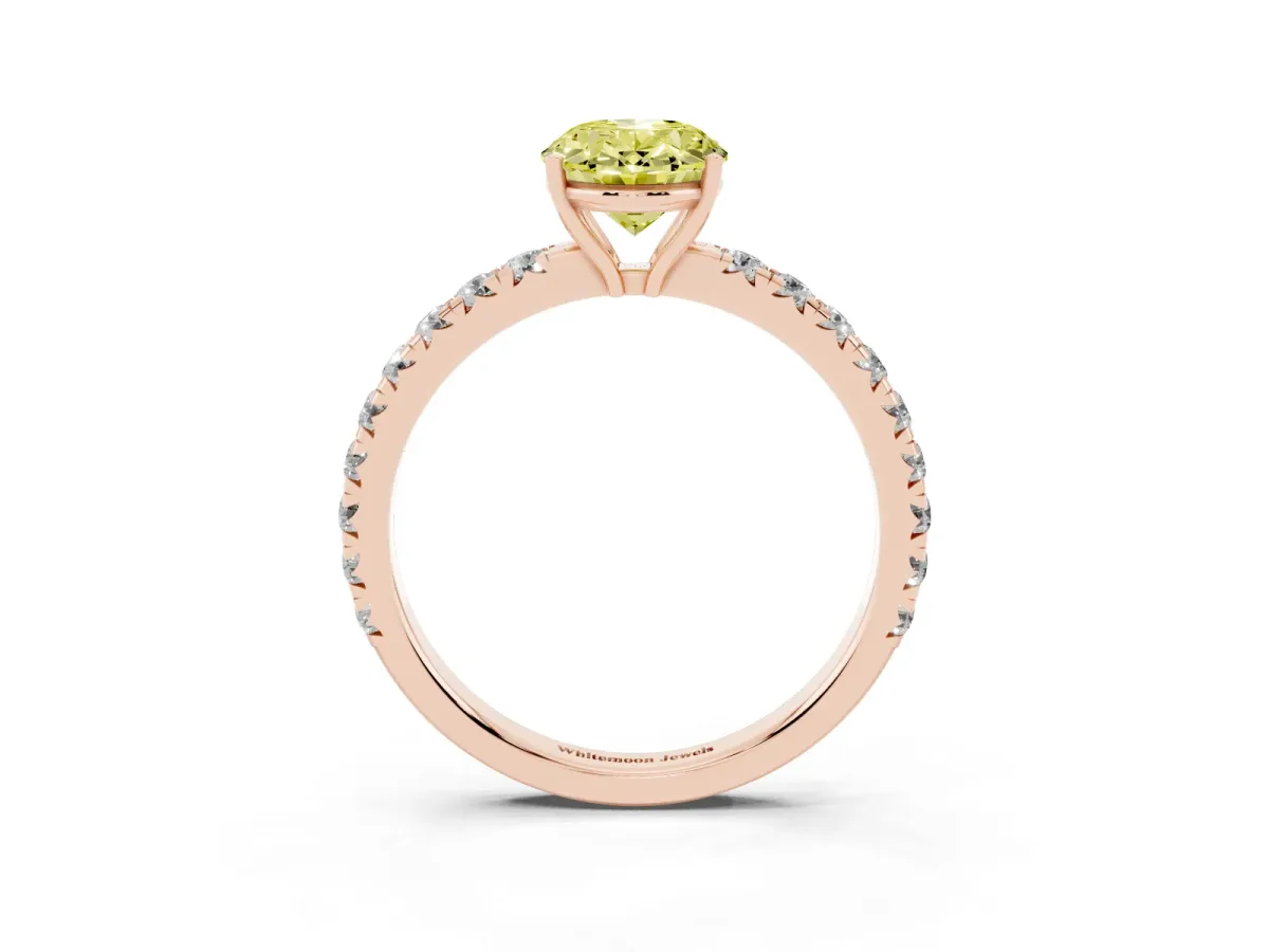 Fancy Yellow Oval Cut Diamond Pavé Solitaire Engagement Ring with Four-Prong Setting Rose gold