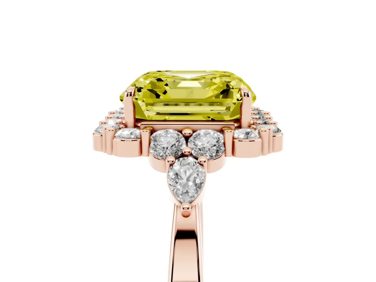 Fancy Yellow Asscher Cut Diamond Halo Ring with Pear Side Stones and Prong Setting Rose gold
