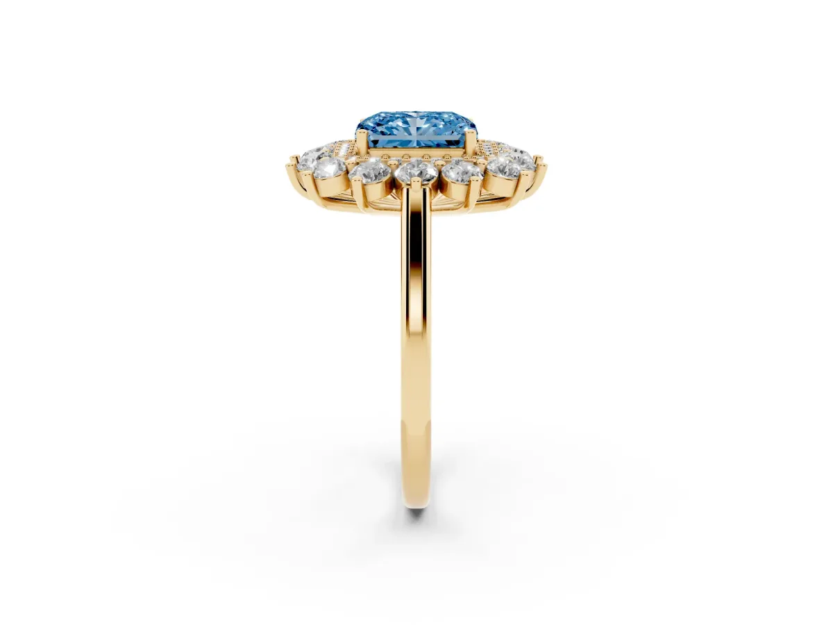 Fancy Blue Radiant Cut Diamond Floral Double Halo Engagement Ring with Prong Setting Yellow gold