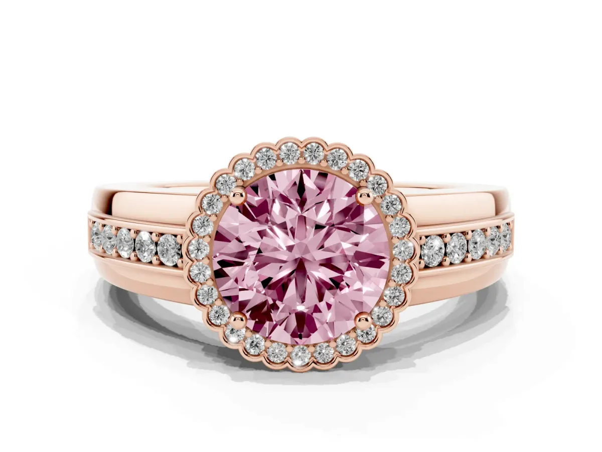 Fancy Pink Round Cut Cut Halo Pave Band Four-Prong Ring Rose gold