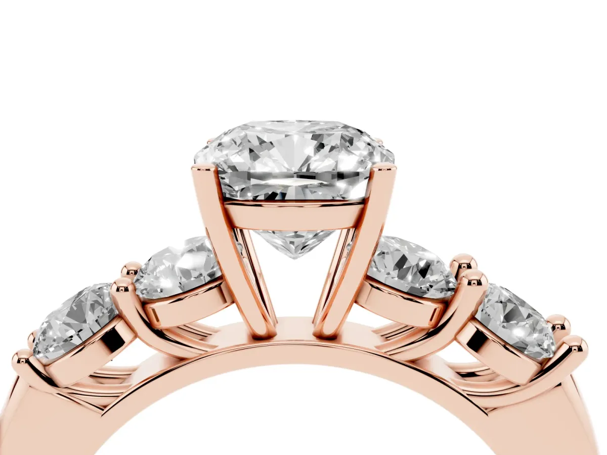 Cushion Cut Cut Five-Stone Prong Set Diamond Ring with Classic Band Rose gold