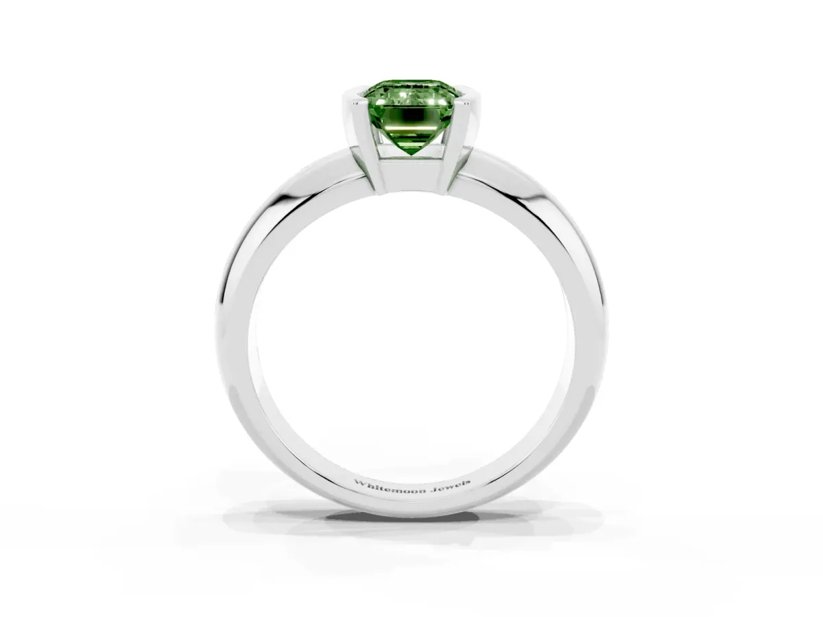 Fancy Green Emerald Cut Solitaire Tension Set Diamond Ring with Wide Band Platinum