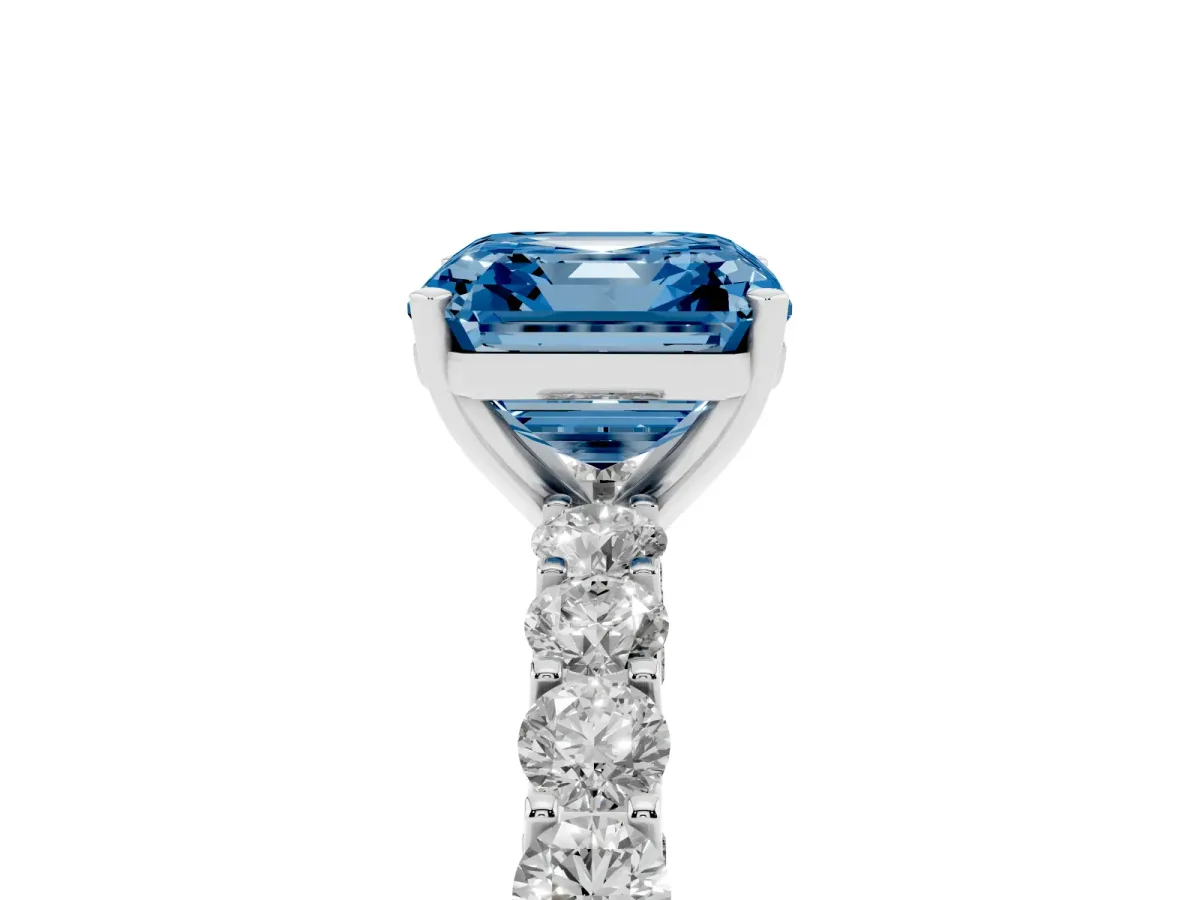Fancy Blue Asscher Cut Diamond Solitaire Ring with Shared Prong Pavé Band and Four-Prong Setting Silver