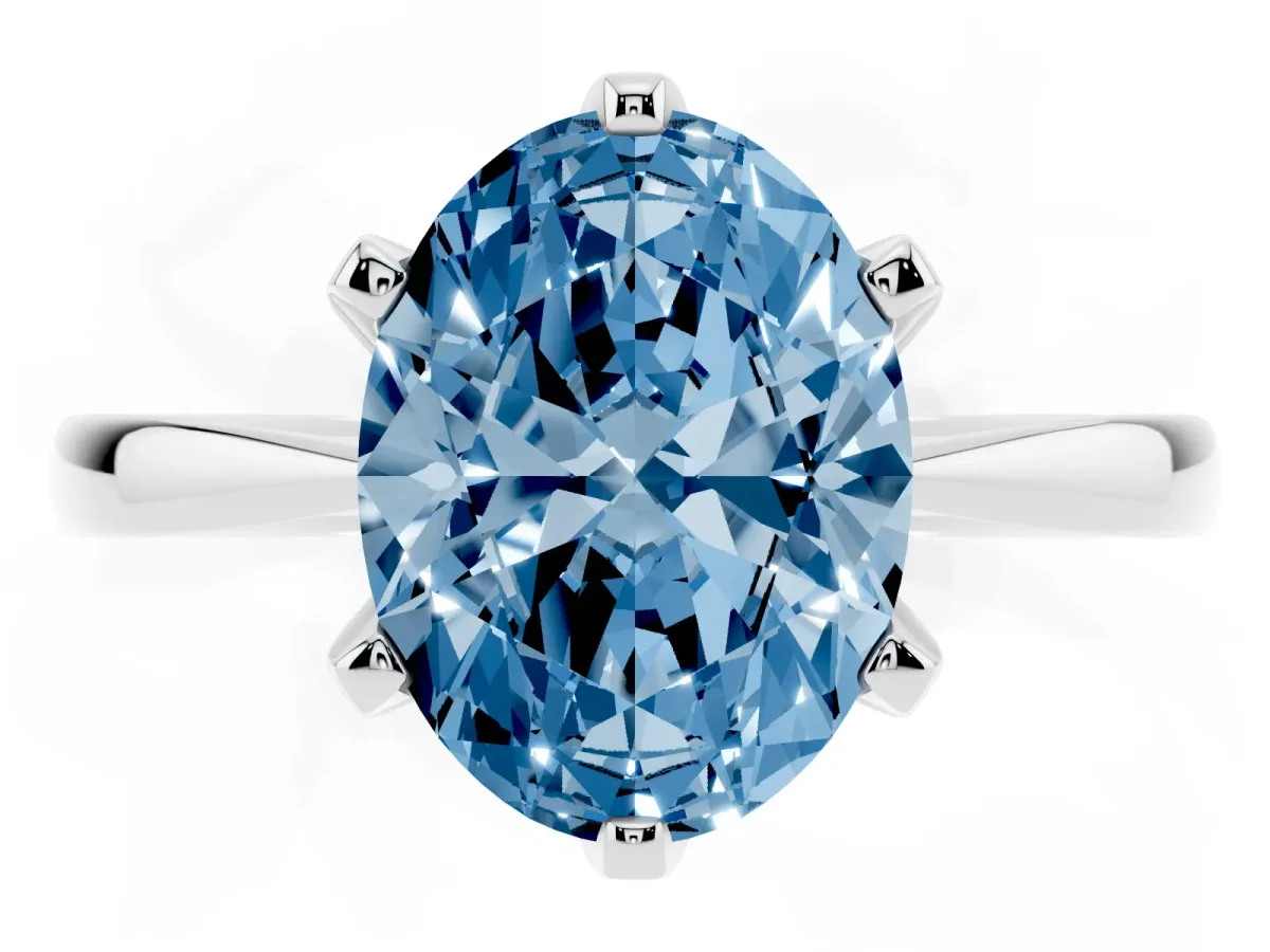 Fancy Blue Oval Cut Solitaire Engagement Ring with Six-Prong Setting and Tapered Band Platinum