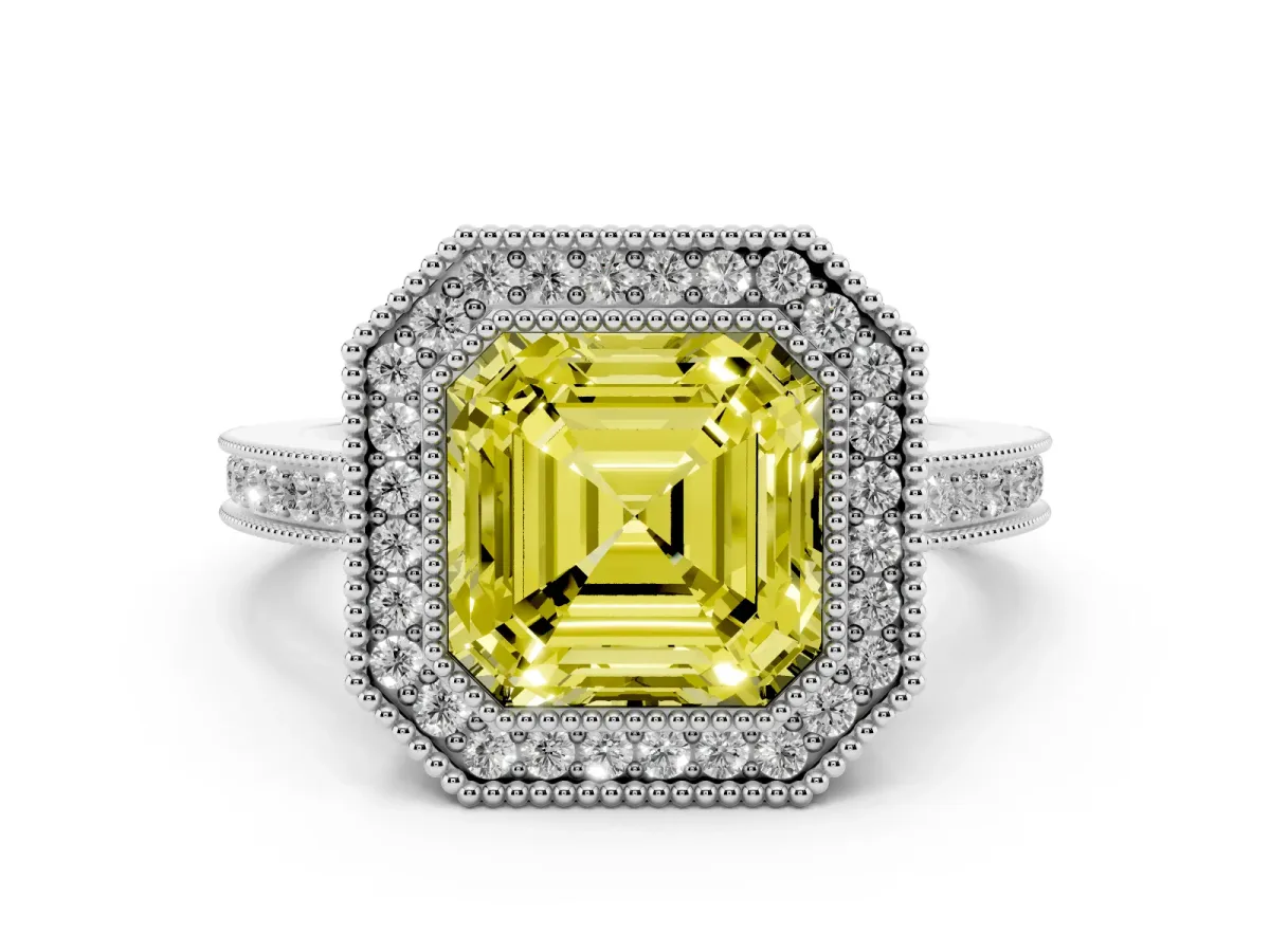 Fancy Yellow Asscher Cut Cut Halo Diamond Ring with Pavé Band and Milgrain Prong Setting Silver