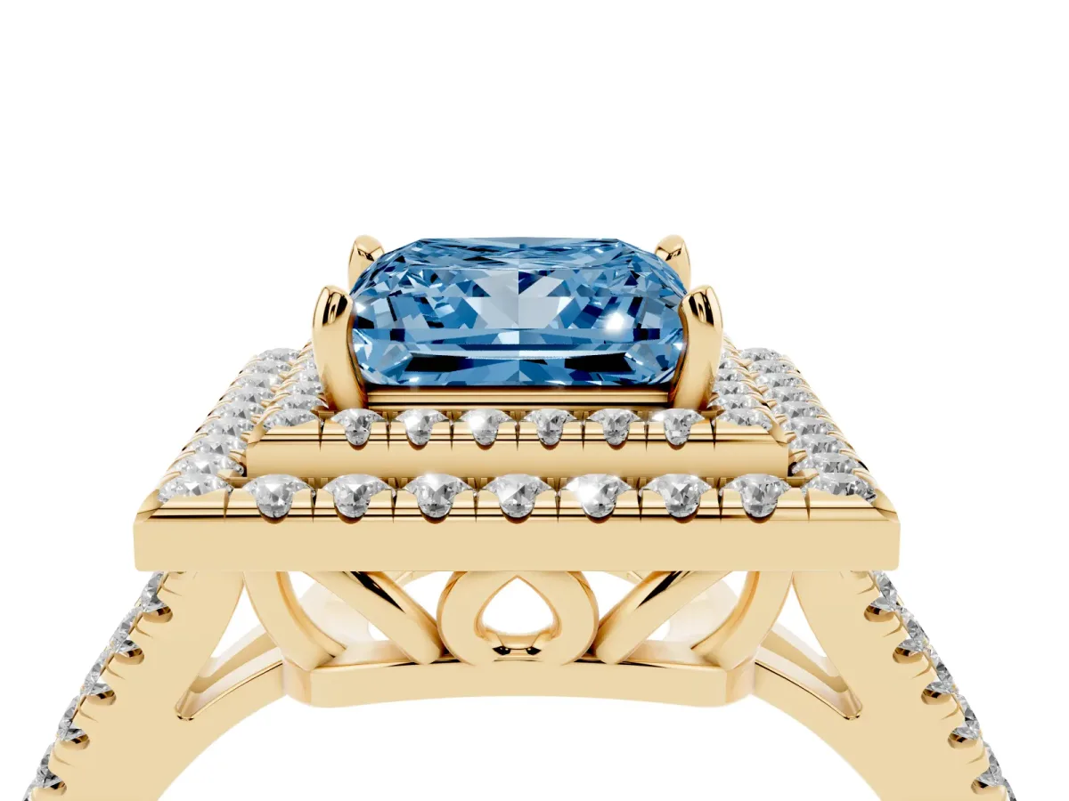 Fancy Blue Princess Cut Diamond Double Halo Ring with Pavé Band and Prong Setting Yellow gold