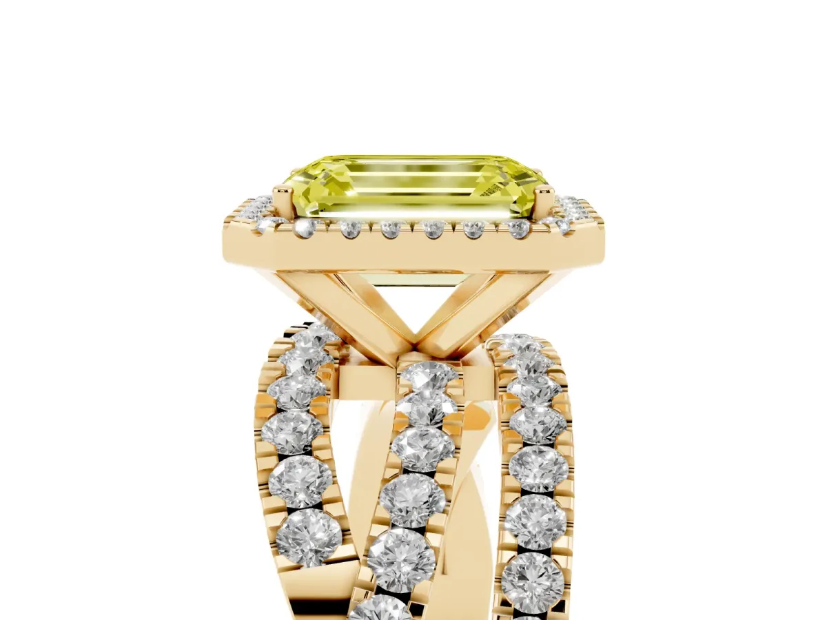Fancy Yellow Emerald Cut Diamond Halo Ring with Round Split Shank and Prong Setting Yellow gold