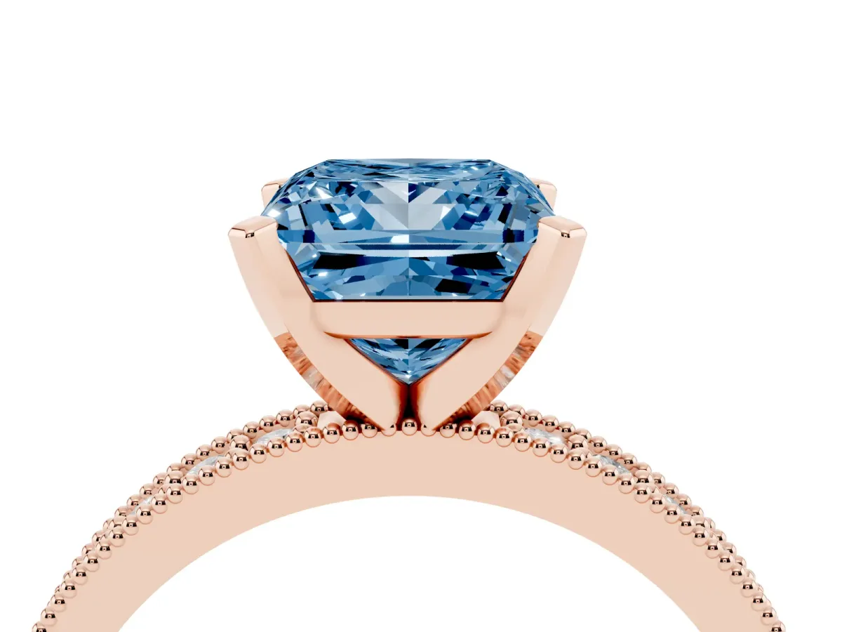 Fancy Blue Princess Cut Diamond Milgrain Pavé Engagement Ring with Four-Prong Setting Rose gold