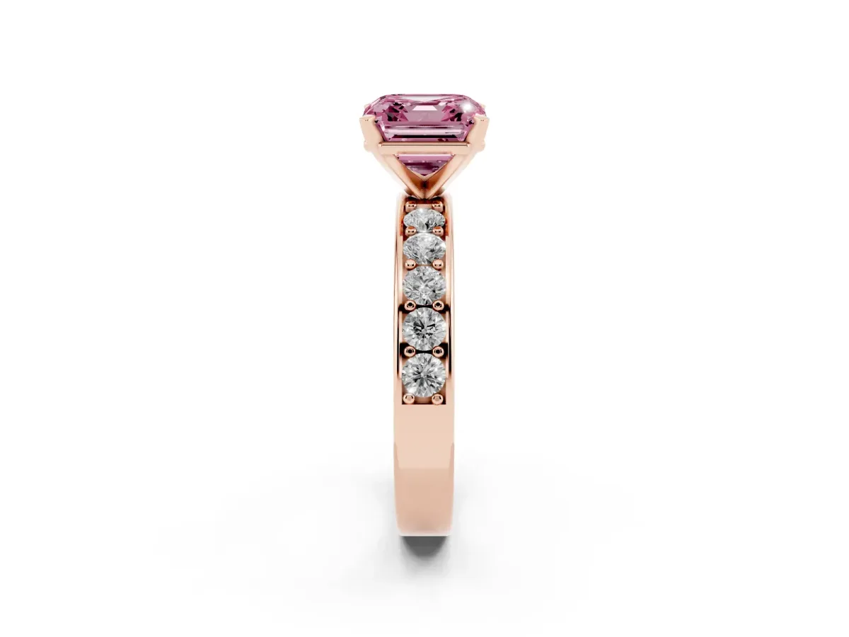 Fancy Pink Asscher Cut Diamond Engagement Ring with Channel Set Round Band and Prong Setting Rose gold