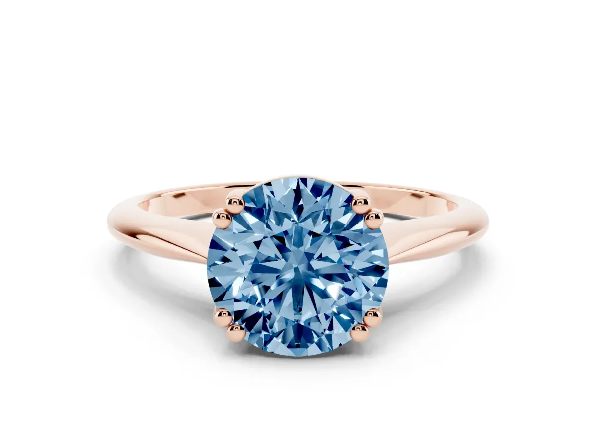Fancy Blue Round Cut Solitaire Diamond Ring with Six-Prong Setting and Classic Band Rose gold