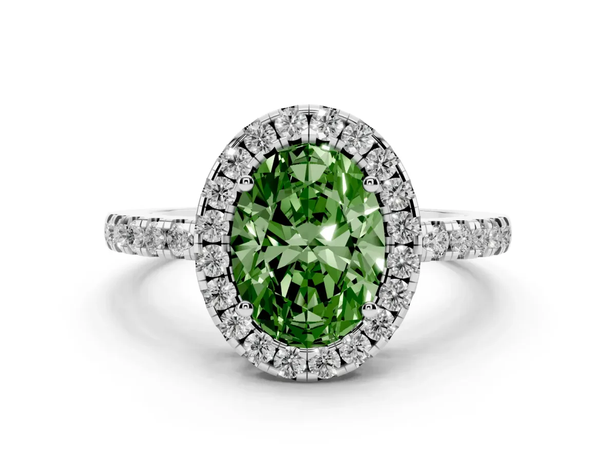 Fancy Green Oval Cut Halo Diamond Engagement Ring with Pavé Band and Four-Prong Setting White gold