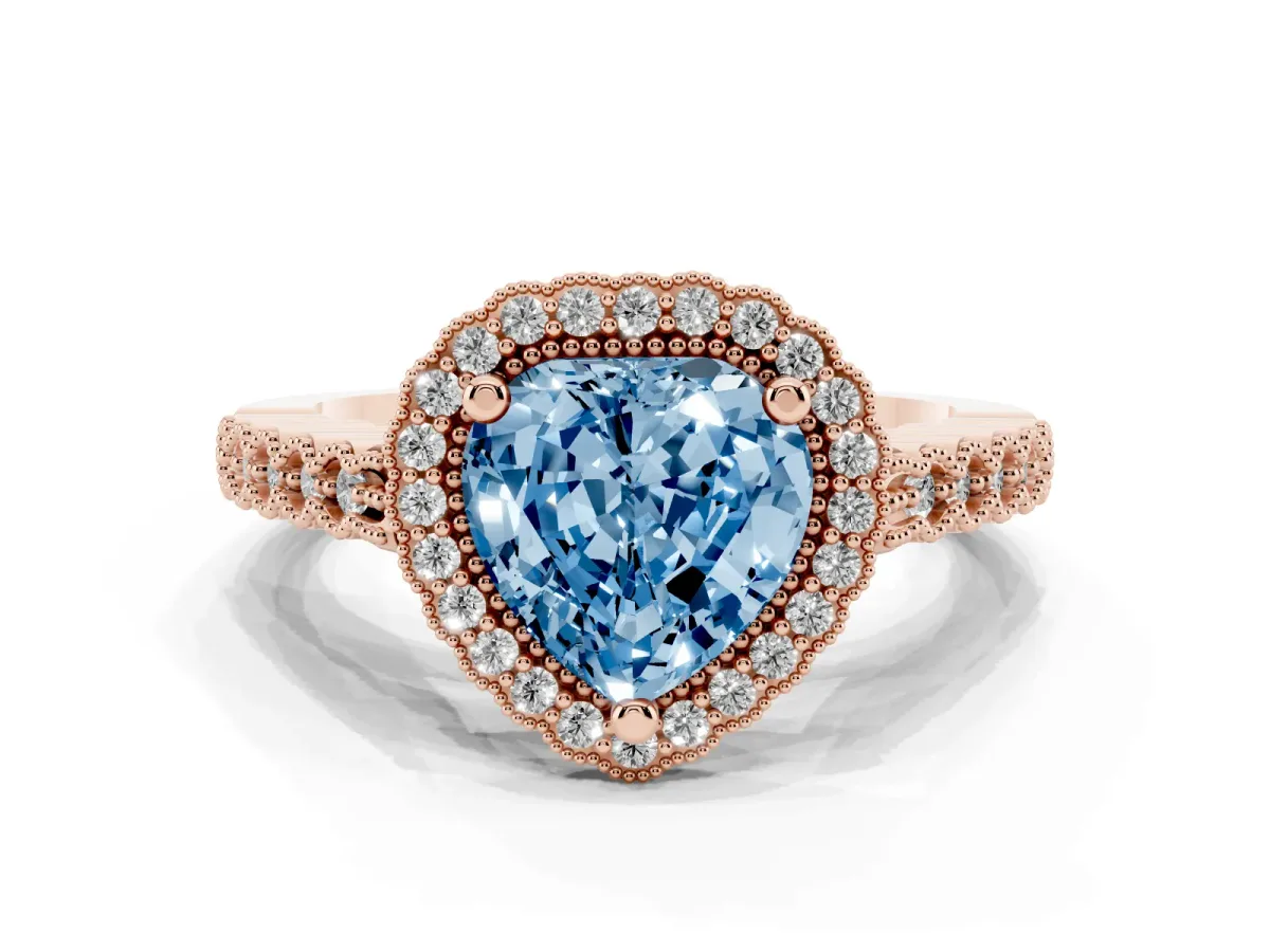 Fancy Blue Heart Cut Cut Halo Pavé Solitaire Ring with Milgrain Band Rose gold