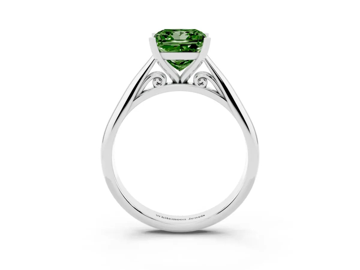 Fancy Green Princess Cut Diamond Solitaire Engagement Ring with Cathedral Setting and Four-Prong Mount Silver