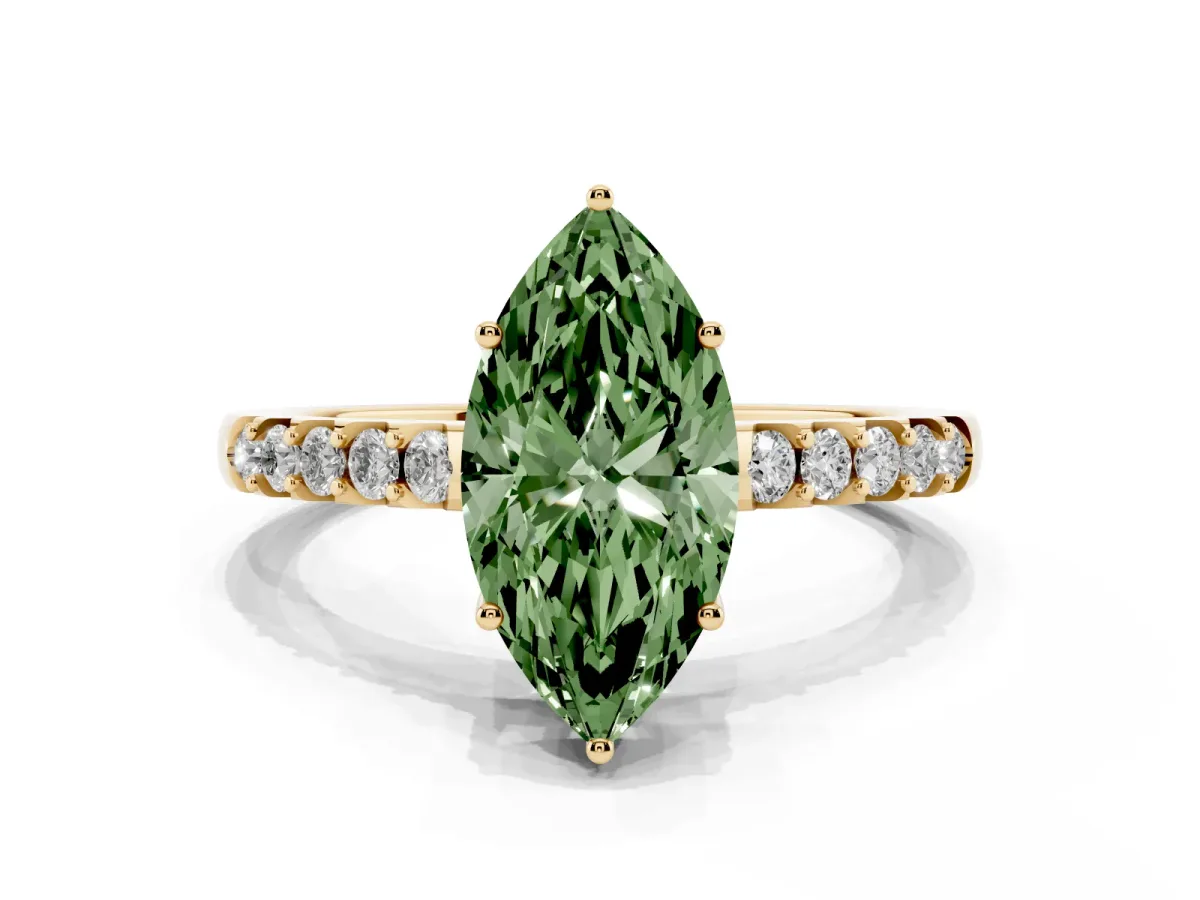 Fancy Green Marquise Cut Solitaire Diamond Engagement Ring with Pavé Band and Six-Prong Setting Yellow gold