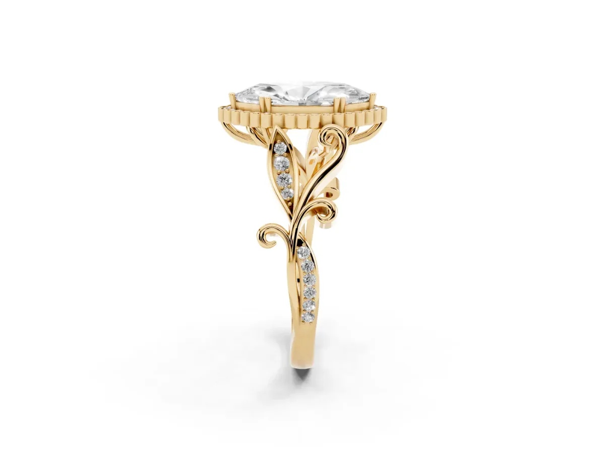 Marquise Cut Diamond Halo Ring with Vintage Split Shank and Four-Prong Setting Yellow gold