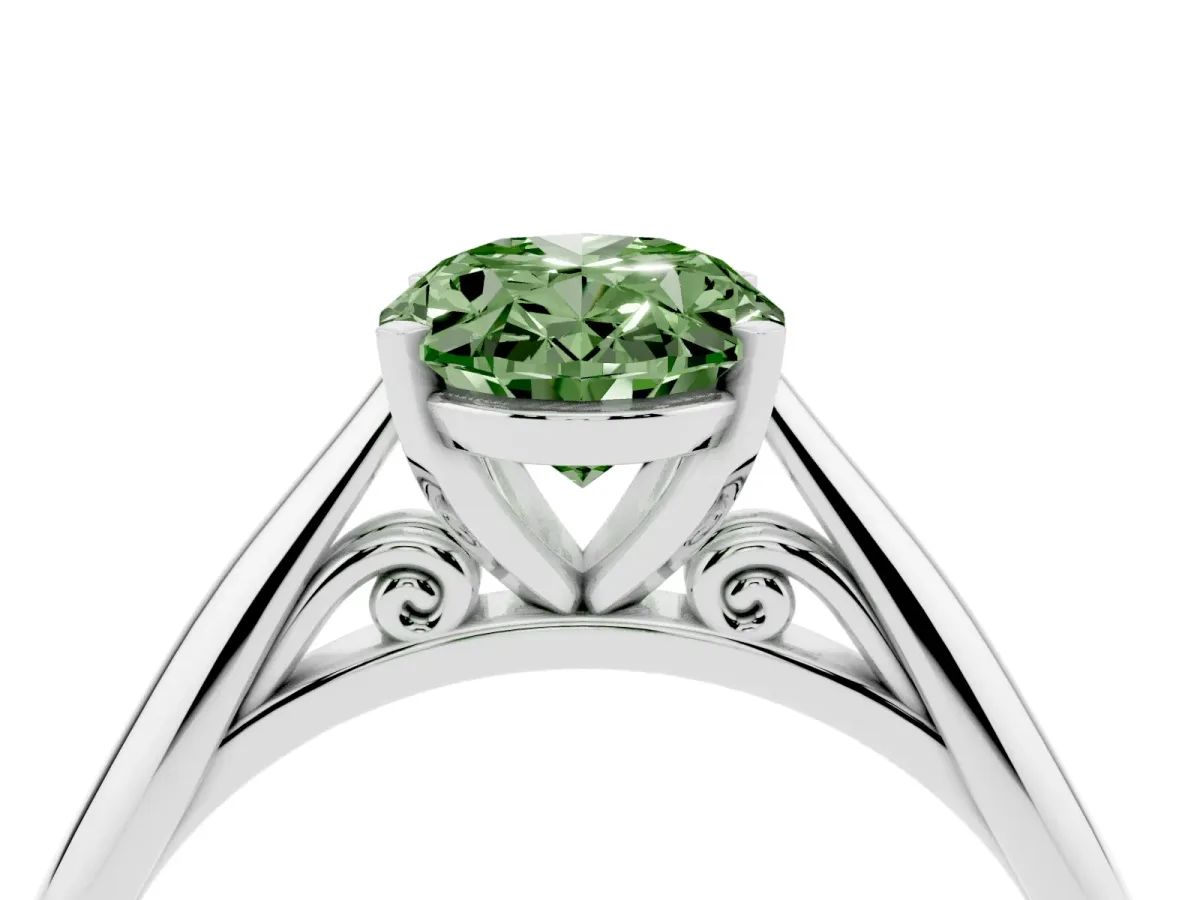 Fancy Green Oval Cut Diamond Solitaire Engagement Ring with Cathedral Setting and Four-Prong Mount Platinum