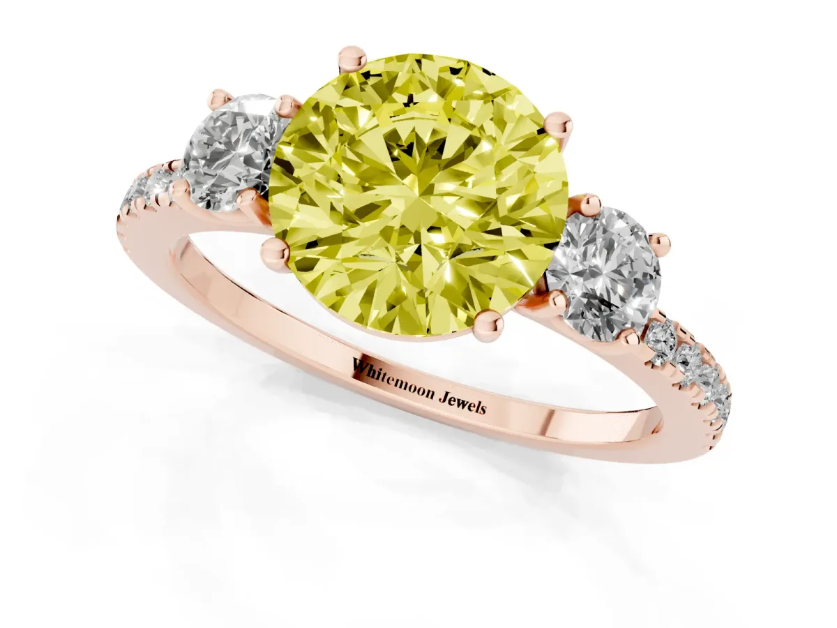 Fancy Yellow Three-Stone Round Cut Cut Diamond Pavé Band with Prong Setting Rose gold