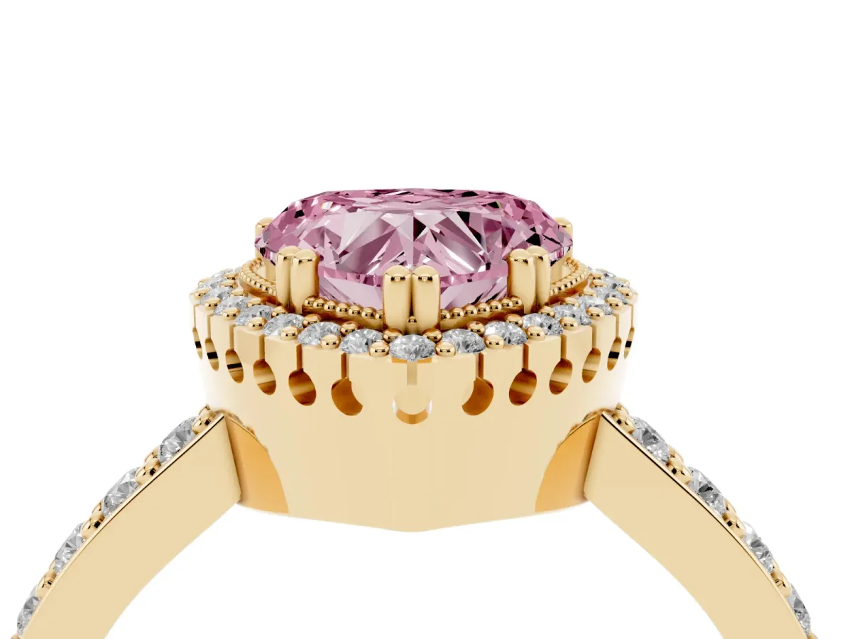 Fancy Pink Heart Cut Cut Diamond Halo Engagement Ring with Milgrain Detail and Pavé Band Yellow gold