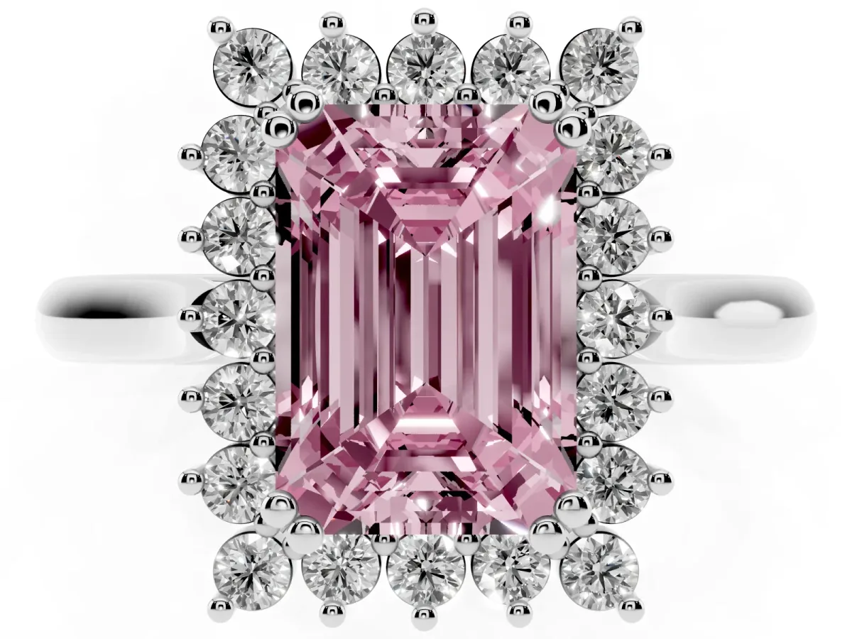 Fancy Pink Emerald Cut Cut Diamond Halo Ring with Solitaire Band and Prong Setting Platinum