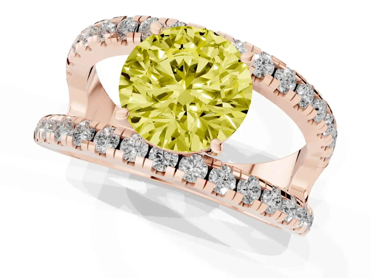 Fancy Yellow Round Cut Solitaire Split Shank Pave Diamond Ring Rose gold