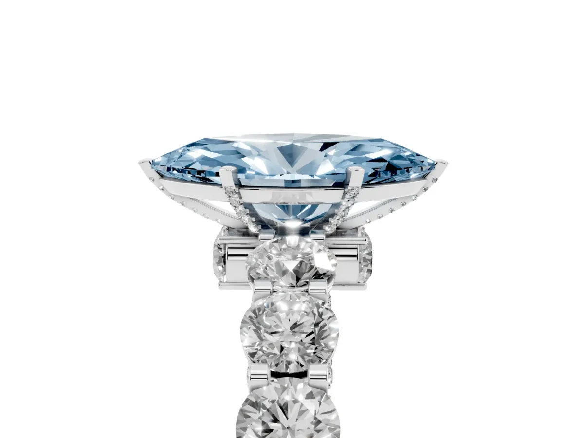 Fancy Blue Marquise Cut Diamond Side Stone Engagement Ring with Four-Prong Setting Silver