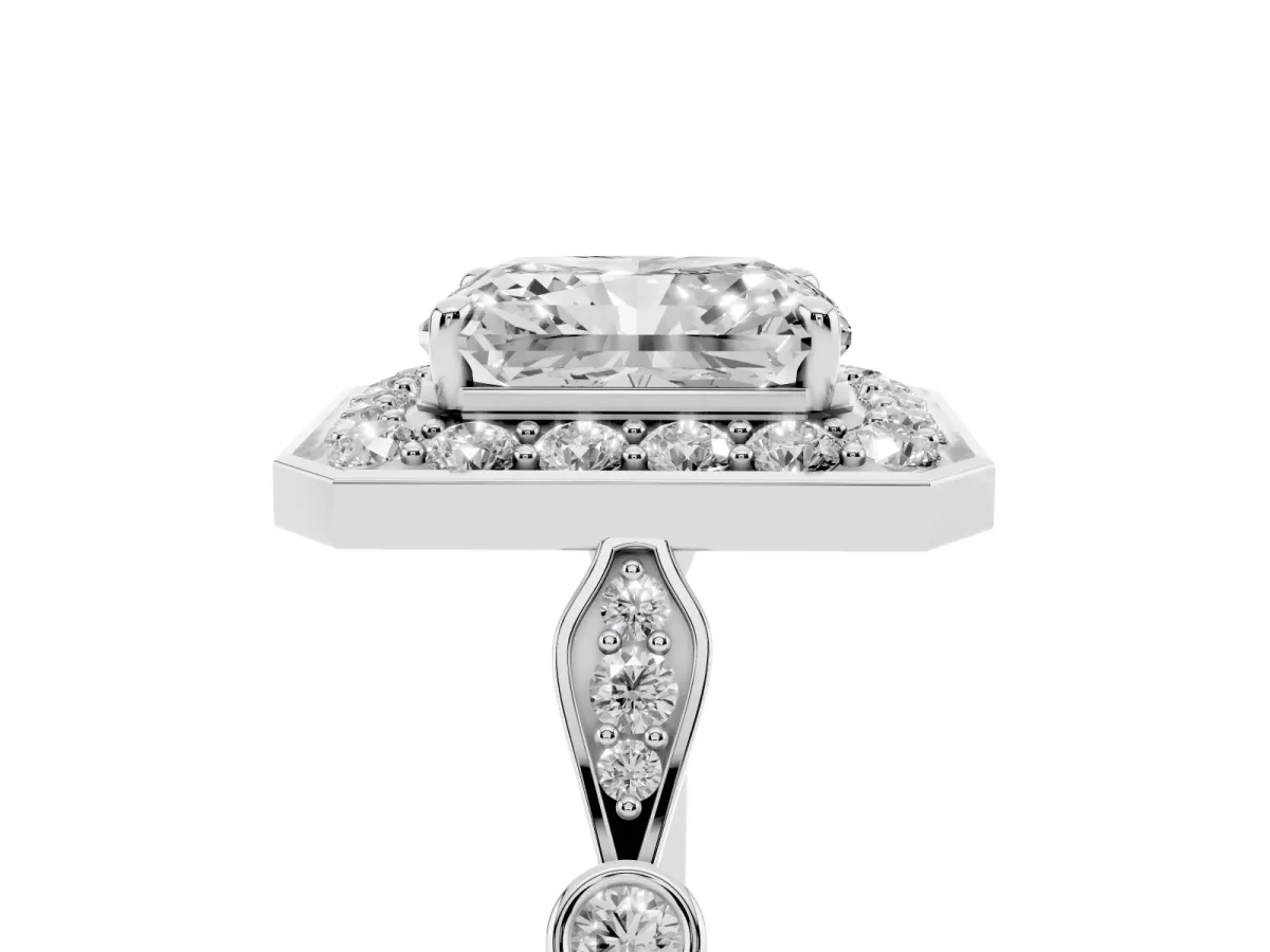 Radiant Cut Halo Diamond Engagement Ring with Twisted Band and Four-Prong Setting Platinum