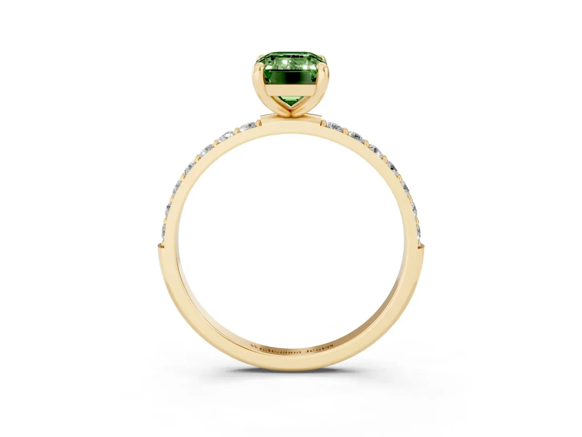 Fancy Green Emerald Cut Diamond Solitaire Ring with Round Pavé Band and Prong Setting Yellow gold