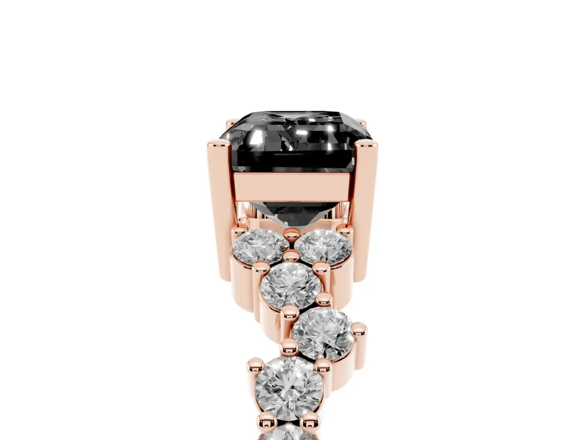 Fancy Black Emerald Cut Diamond Scattered Round Accent Ring with Prong Setting Rose gold