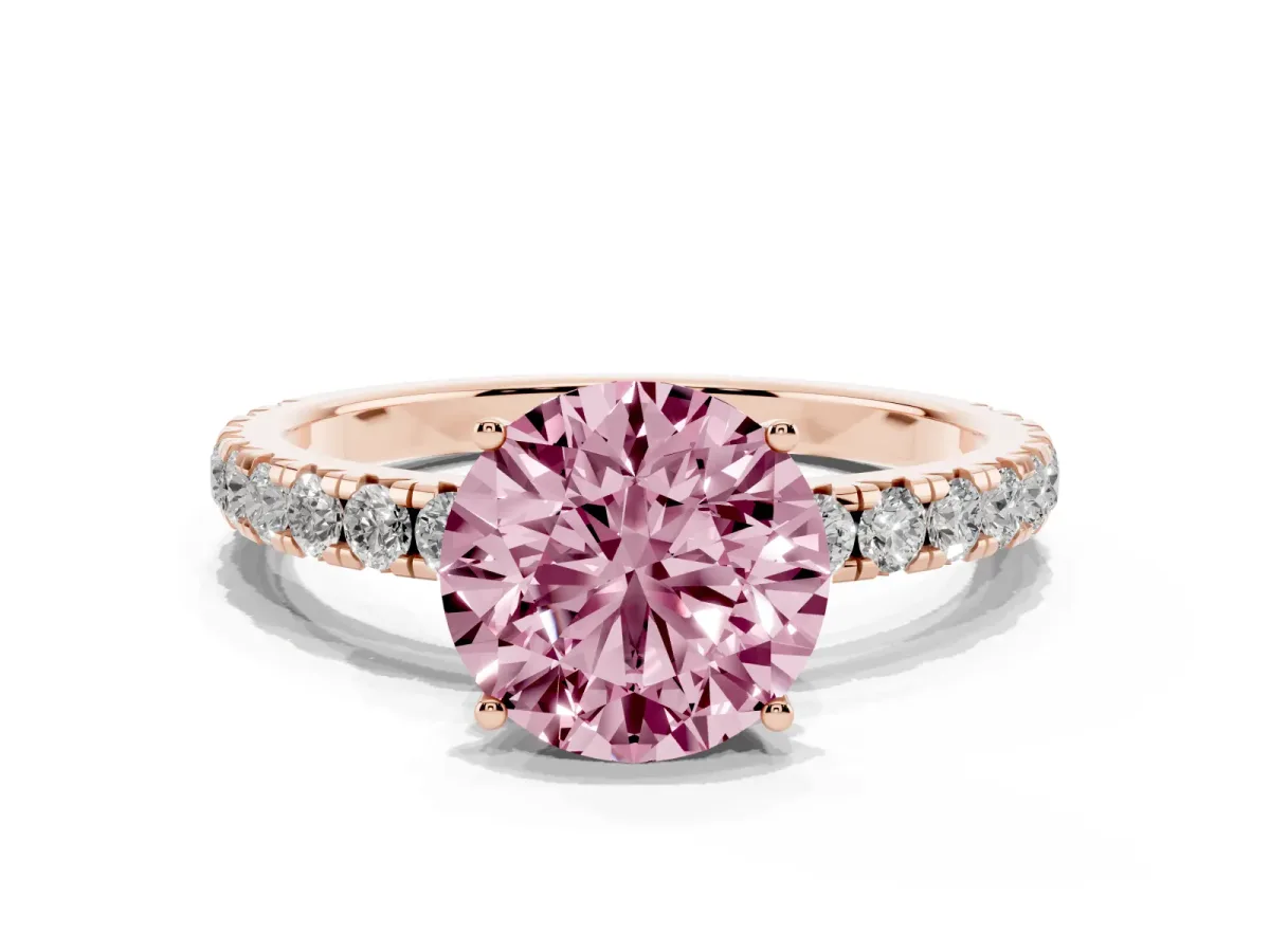 Fancy Pink Round Cut Diamond Pavé Solitaire Engagement Ring with Four-Prong Setting Rose gold