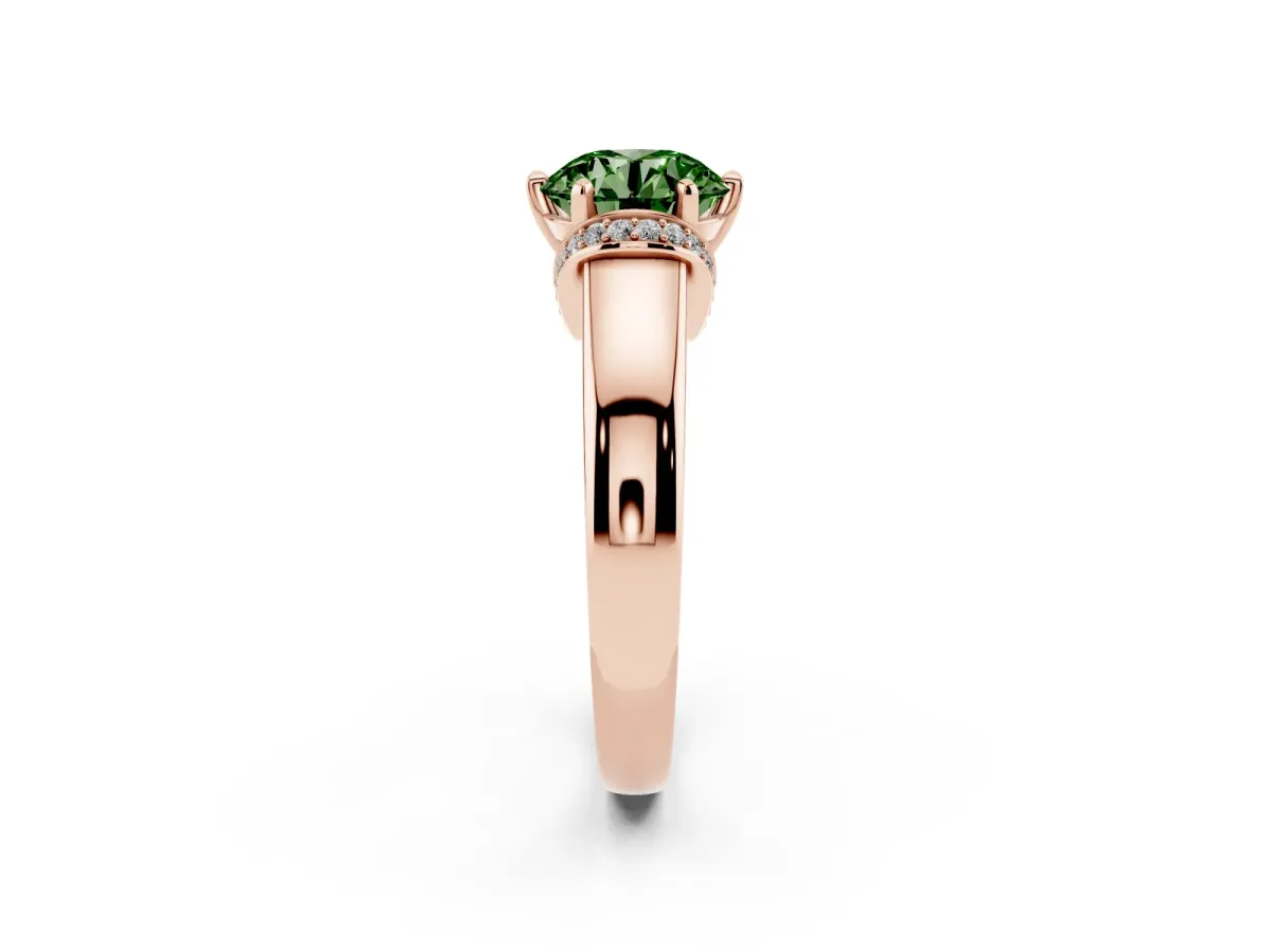 Fancy Green Round Cut Solitaire Diamond Ring with Pave Band and Six-Prong Setting Rose gold