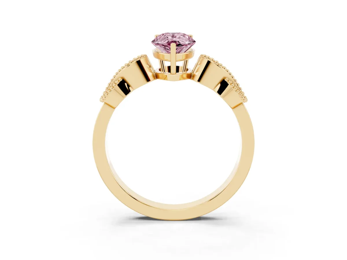 Fancy Pink Pear Cut Solitaire Milgrain Leaf Band with Prong Setting Yellow gold