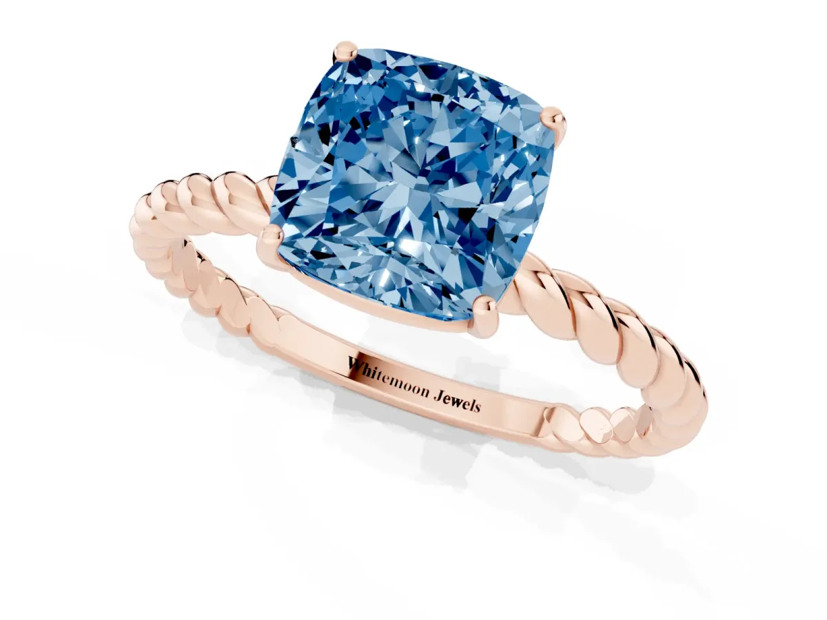 Fancy Blue Cushion Cut Solitaire Twist Band Ring with Four-Prong Setting Rose gold