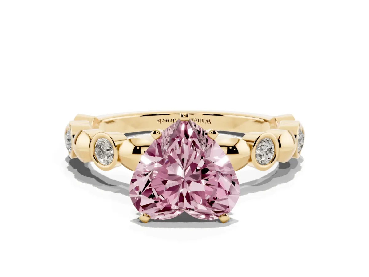 Fancy Pink Heart Cut Solitaire Bezel-Set Diamond Ring with Beaded Band and Four-Prong Setting Yellow gold