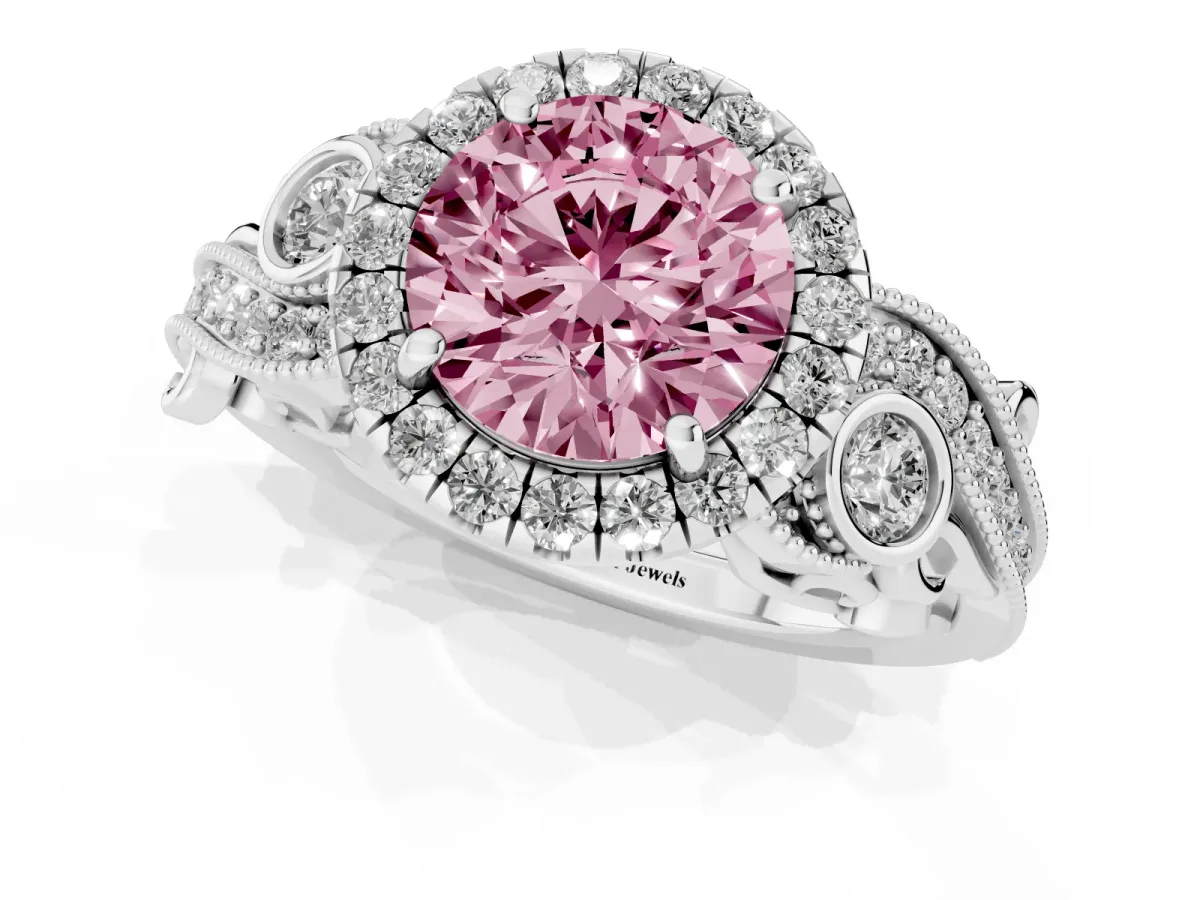 Fancy Pink Round Cut Halo Diamond Ring with Milgrain and Bezel Accents on a Split Shank Band White gold