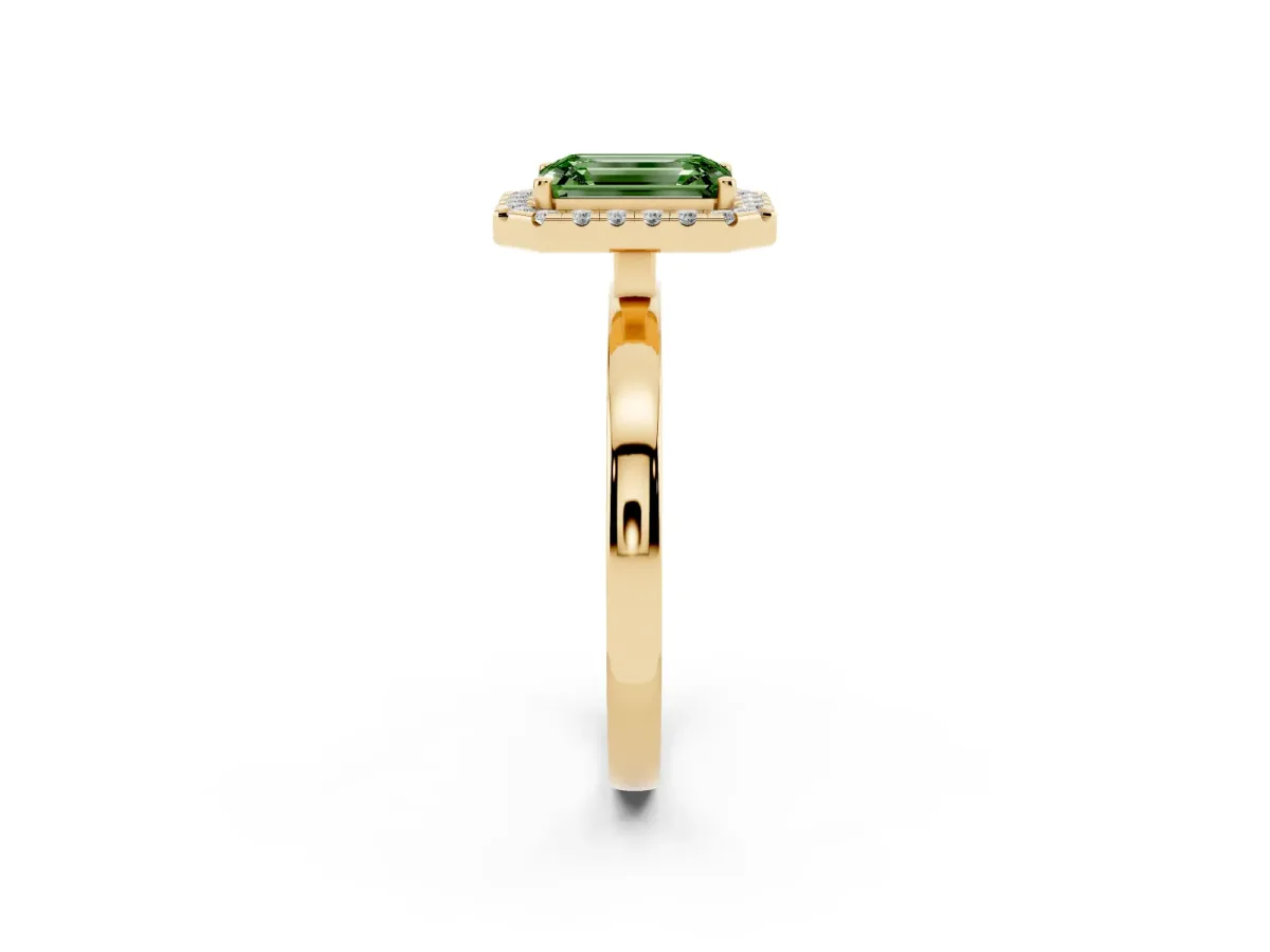 Fancy Green Emerald Cut Halo Diamond Solitaire with Pavé Band and Four-Prong Setting Yellow gold