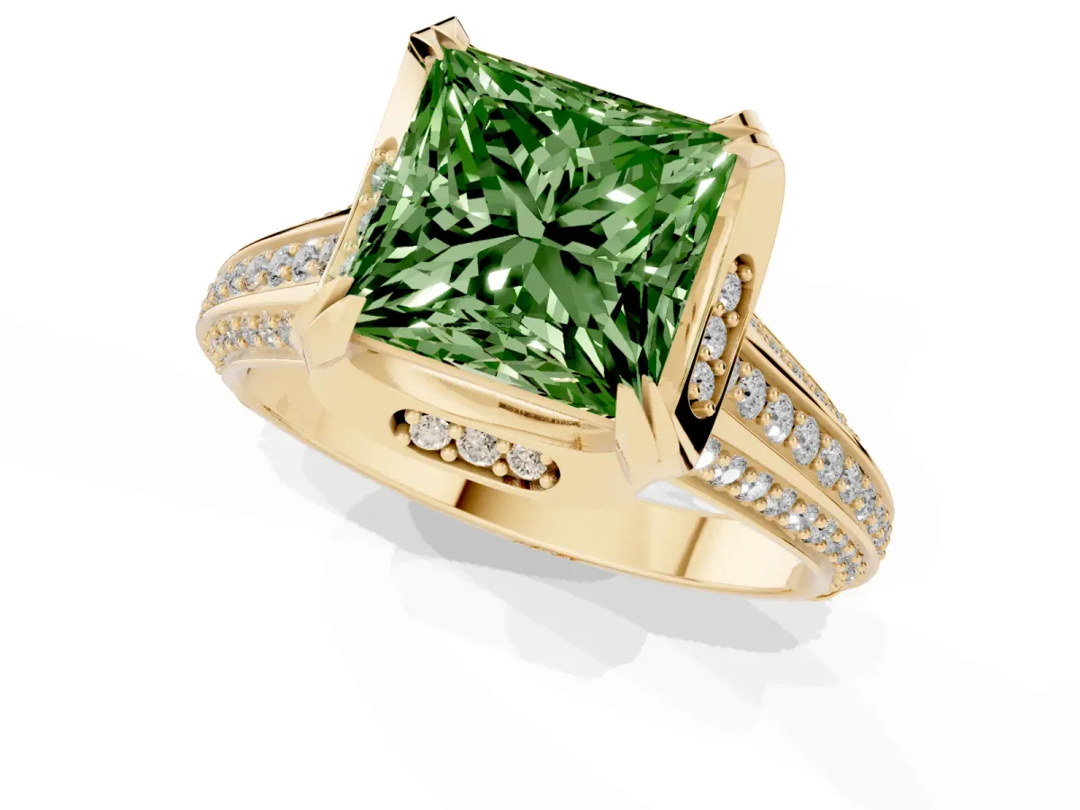 Fancy Green Princess Cut Solitaire Pave Split Shank Ring with Four-Prong Setting Yellow gold