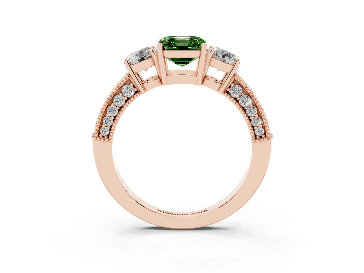 Fancy Green Asscher Cut Three-Stone Diamond Ring with Pavé Band and Four-Prong Setting Rose gold