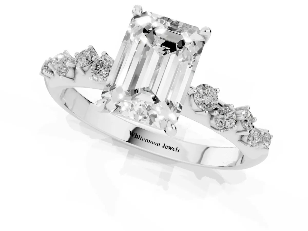 Emerald Cut Diamond Cluster Side Stone Solitaire Ring with Prong Setting Platinum