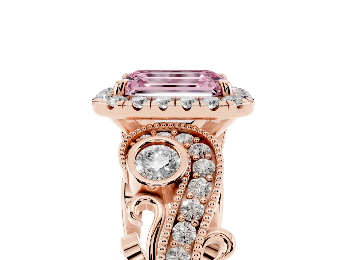 Fancy Pink Emerald Cut Halo Diamond Ring with Milgrain and Bezel Accents on a Split Shank Band Rose gold