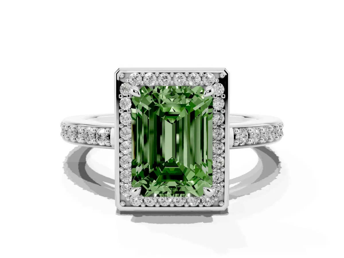 Fancy Green Emerald Cut Halo Pave Band Solitaire Ring with Prong Setting Silver